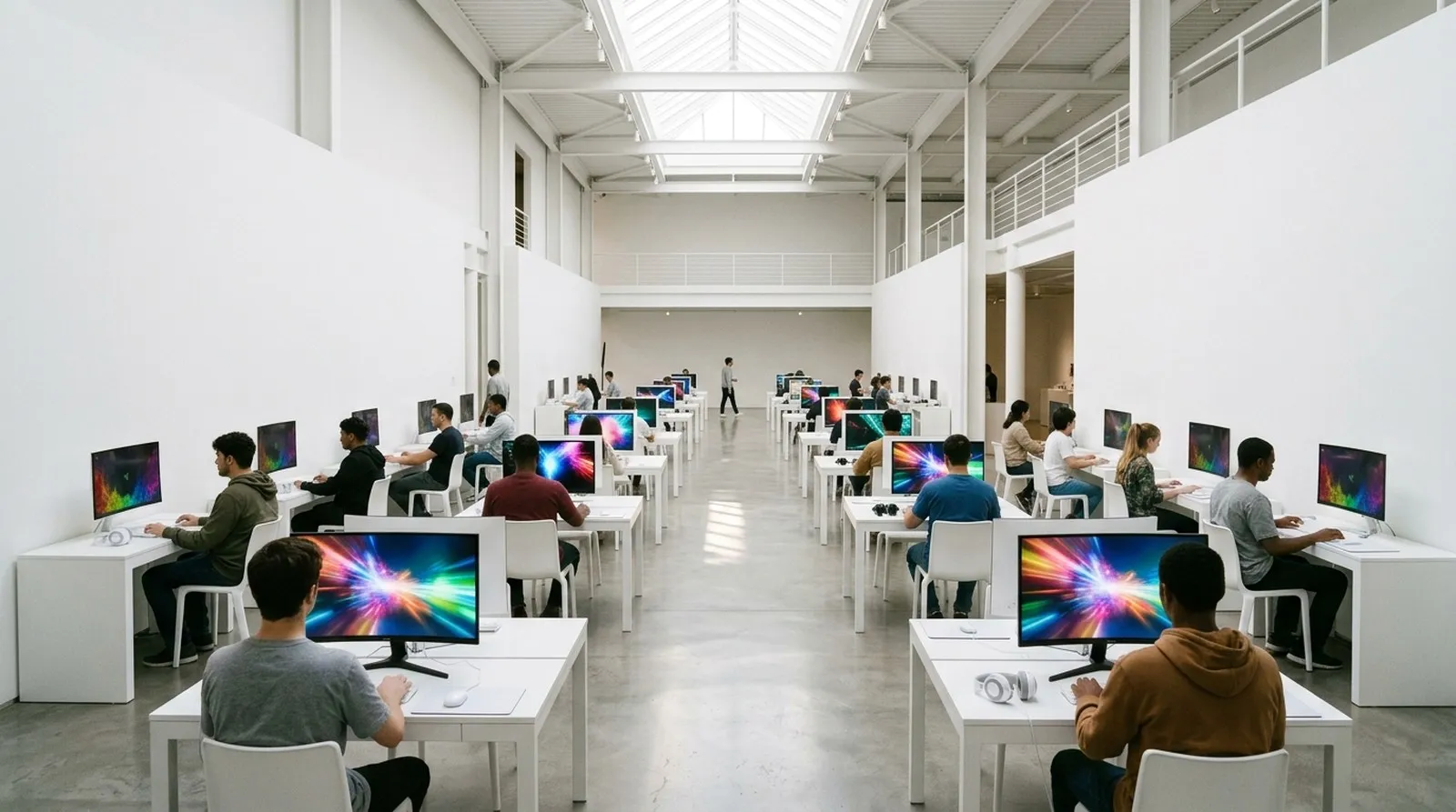 Bright, empty gallery-style computer club hall with gaming stations lined along white walls