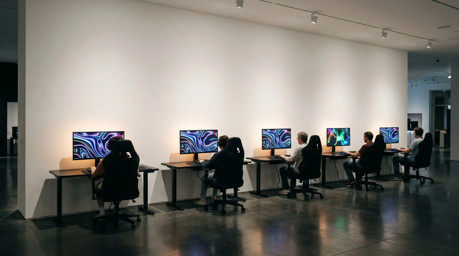 Wide view of a pale wall in the computer club with a row of stations and small spec labels