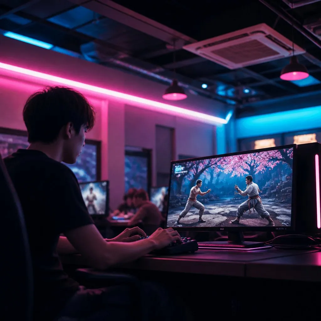 A player at a computer playing a fighting game in a neon-lit gaming cafe