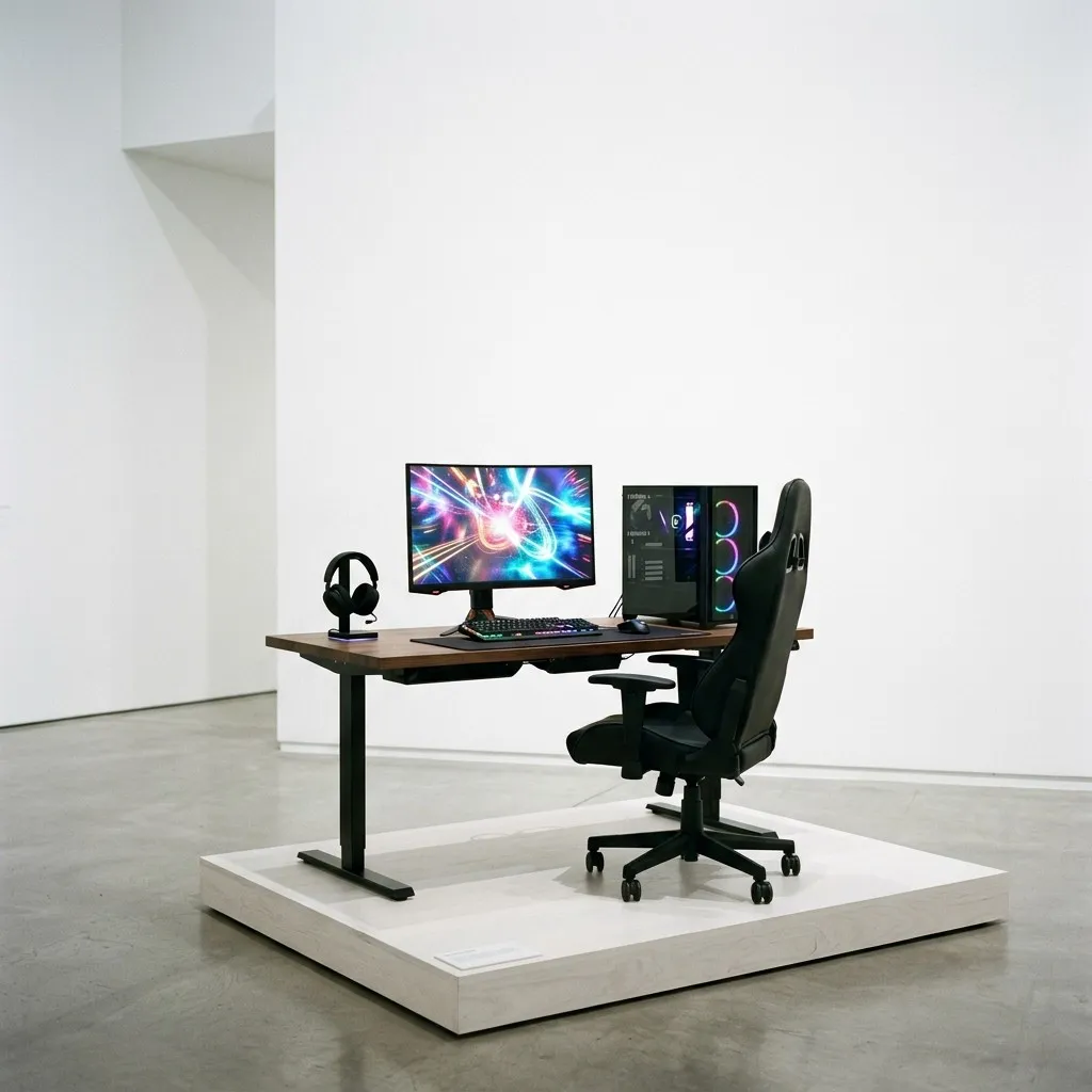 A single gaming station at the club shown close, keyboard and monitor on a pale desk